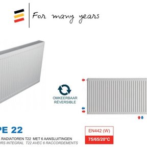 Belrad Integraal Radiatoren Paneel radiator Type22 500x400mm met 6 aansluitingen omkeerbaar afmetingen t/m 3000mm