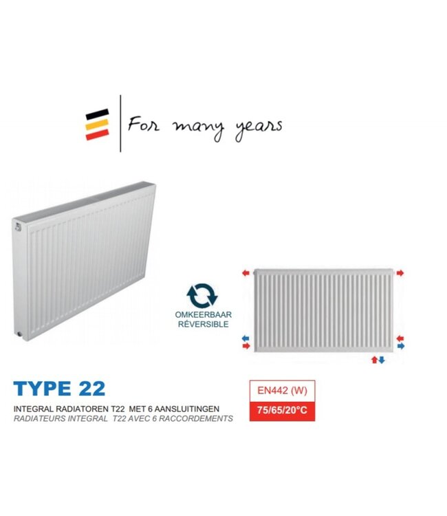 Belrad Integraal Radiatoren Paneel radiator Type22 700x500mm met 6 aansluitingen omkeerbaar afmetingen t/m 1200mm