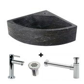 Fonteinset Toilet Natuursteen Antraciet Kwartrond Hoek 30x30x10cm Met Kraan Rooster En Sifon