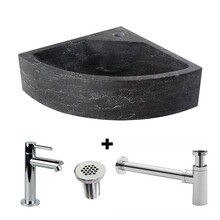 Fonteinset Toilet Natuursteen Antraciet Kwartrond Hoek 30x30x10cm Met Kraan Rooster En Sifon