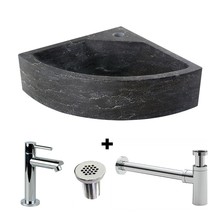 Fonteinset Toilet Natuursteen Antraciet Kwartrond Hoek 30x30x10cm Met Kraan Rooster En Sifon