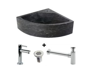 Fonteinset Toilet Natuursteen Antraciet Kwartrond Hoek 30x30x10cm Met Kraan Rooster En Sifon