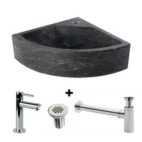 Fonteinset Toilet Natuursteen Antraciet Kwartrond Hoek 30x30x10cm Met Kraan Rooster En Sifon