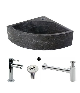 SANI-SUPPLY Fonteinset Toilet Natuursteen Antraciet Kwartrond Hoek 30x30x10cm Met Kraan Rooster En Sifon