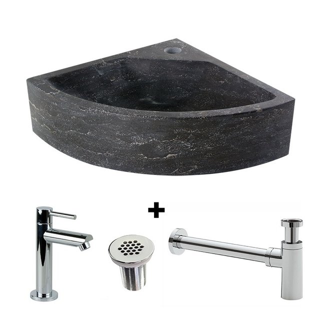 Fonteinset Toilet Natuursteen Antraciet Kwartrond Hoek 30x30x10cm Met Kraan Rooster En Sifon