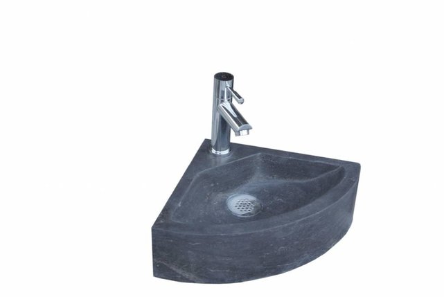 Fonteinset Toilet Natuursteen Antraciet Kwartrond Hoek 30x30x10cm Met Kraan Rooster En Sifon