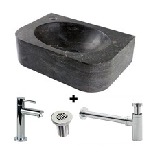 Fonteinset Halfrond met Natuursteen Fontein Links 35x24x10cm met Kraan, sifon en rooster.