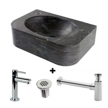 Fonteinset Halfrond met Natuursteen Fontein Links 35x24x10cm met Kraan, sifon en rooster.