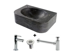 Fonteinset Halfrond met Natuursteen Fontein Links 35x24x10cm met Kraan, sifon en rooster.