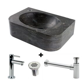 Fonteinset Halfrond met Natuursteen Fontein Links 35x24x10cm met Kraan, sifon en rooster.