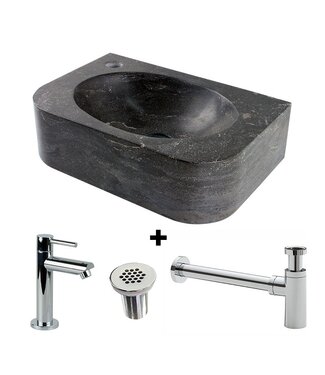 SANI-SUPPLY Fonteinset Halfrond met Natuursteen Fontein Links 35x24x10cm met Kraan, sifon en rooster.