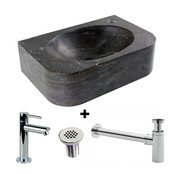 Fonteinset Halfrond met Natuursteen Fontein Links 35x24x10cm met Kraan, sifon en rooster.