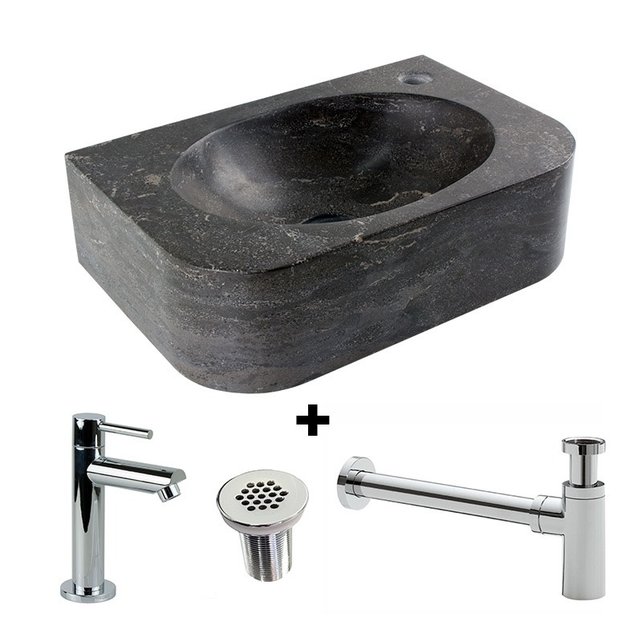 Fonteinset Halfrond met Natuursteen Fontein Links 35x24x10cm met Kraan, sifon en rooster.