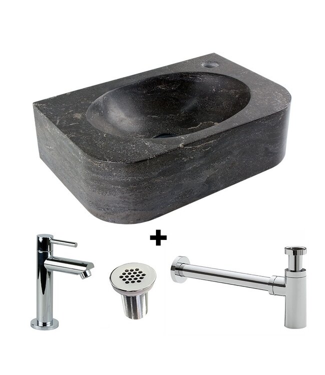 SANI-SUPPLY Fonteinset Halfrond met Natuursteen Fontein Links 35x24x10cm met Kraan, sifon en rooster.