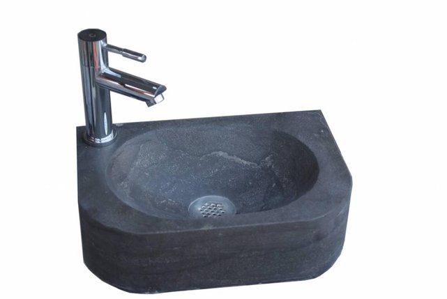 Fonteinset Halfrond met Natuursteen Fontein Links 35x24x10cm met Kraan, sifon en rooster.