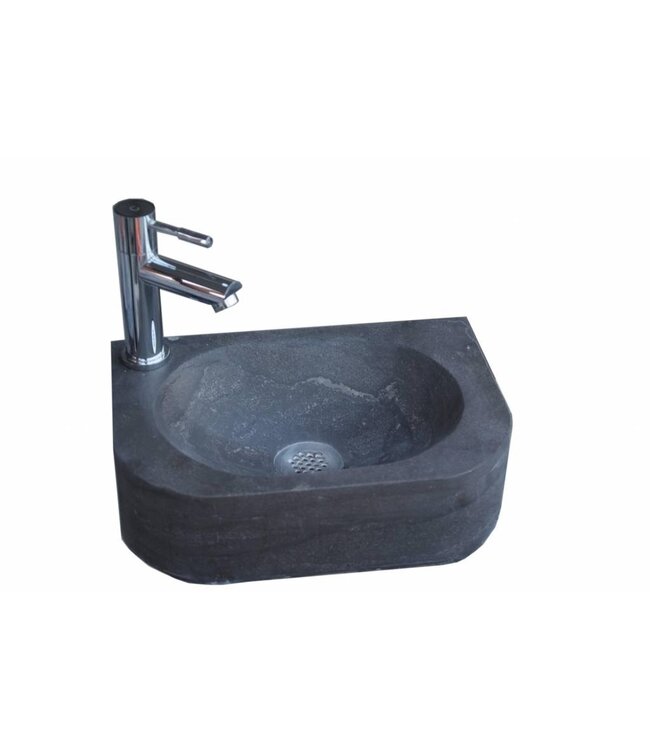 Fonteinset Halfrond met Natuursteen Fontein Links 35x24x10cm met Kraan, sifon en rooster.