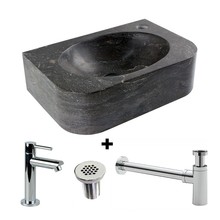 Fonteinset Halfrond met Natuursteen Fontein Rechts 35x24x10cm met Kraan, sifon en rooster.