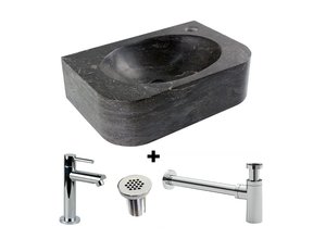 Fonteinset Halfrond met Natuursteen Fontein Rechts 35x24x10cm met Kraan, sifon en rooster.