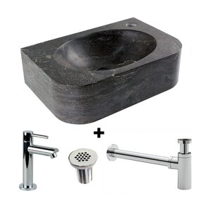 Fonteinset Halfrond met Natuursteen Fontein Rechts 35x24x10cm met Kraan, sifon en rooster.