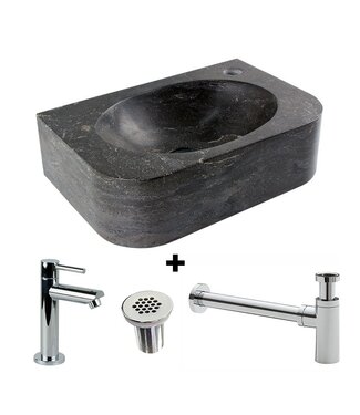 SANI-SUPPLY Fonteinset Halfrond met Natuursteen Fontein Rechts 35x24x10cm met Kraan, sifon en rooster.