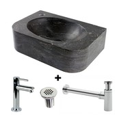 Fonteinset Halfrond met Natuursteen Fontein Rechts 35x24x10cm met Kraan, sifon en rooster.