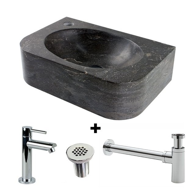 Fonteinset Halfrond met Natuursteen Fontein Rechts 35x24x10cm met Kraan, sifon en rooster.