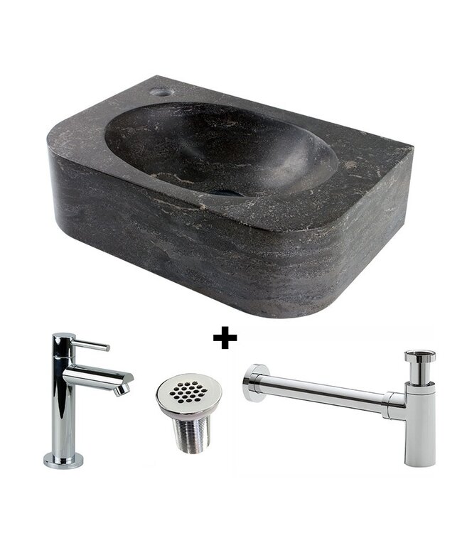 SANI-SUPPLY Fonteinset Halfrond met Natuursteen Fontein Rechts 35x24x10cm met Kraan, sifon en rooster.