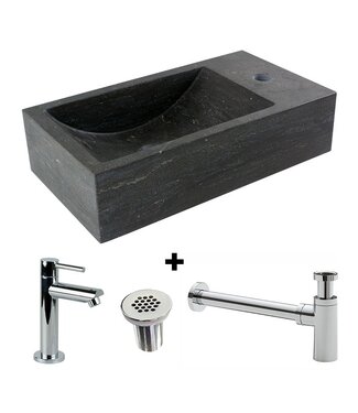 SANI-SUPPLY Fonteinset Natuursteen Recto Rechthoek Rechts 40x22x10cm Antraciet incl. Fonteinkraan, Sifon en Rooster