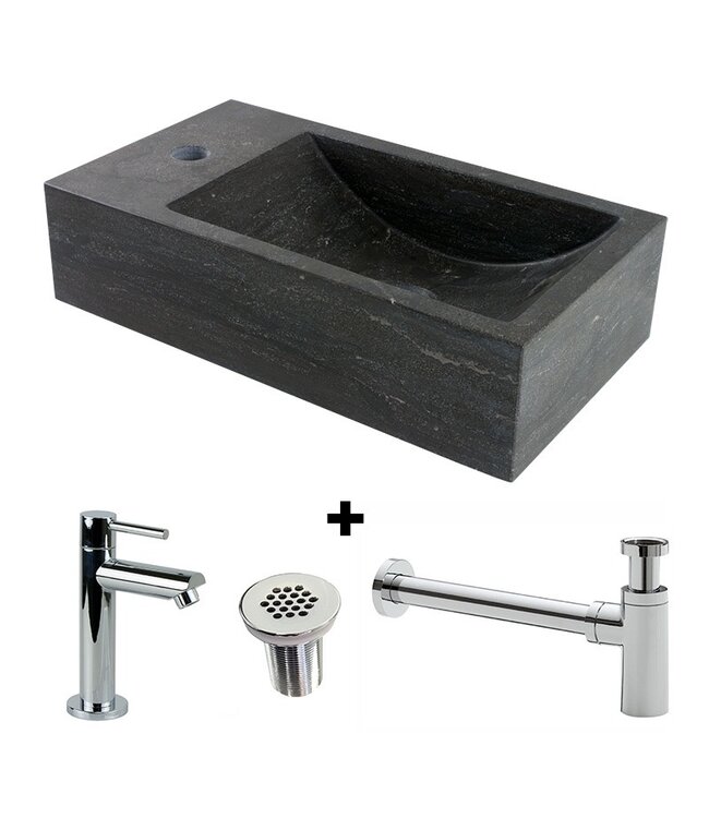 Fonteinset Natuursteen Recto Rechthoek Rechts 40x22x10cm Antraciet incl. Fonteinkraan, Sifon en Rooster