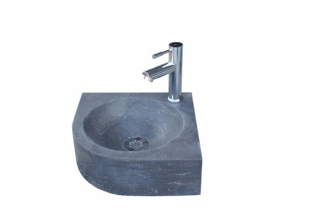 Sanipro Fonteinset Toilet Rond Hoek 30x30x10cm Natuursteen Antraciet incl. fonteinkraan Sifon en Rooster Chroom.