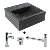 SaniPro Fonteinset Natuursteen Vierkant 30x30x10cm Antraciet incl. chroom fonteinkraan, Sifon en rooster
