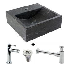 SaniPro Fonteinset Natuursteen Vierkant 30x30x10cm Antraciet incl. chroom fonteinkraan, Sifon en rooster