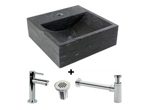 SaniPro Fonteinset Natuursteen Vierkant 30x30x10cm Antraciet incl. chroom fonteinkraan, Sifon en rooster