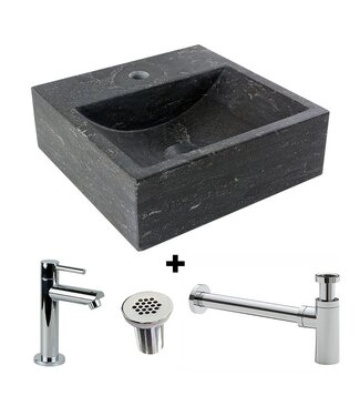 SANI-SUPPLY SaniPro Fonteinset Natuursteen Vierkant 30x30x10cm Antraciet incl. chroom fonteinkraan, Sifon en rooster