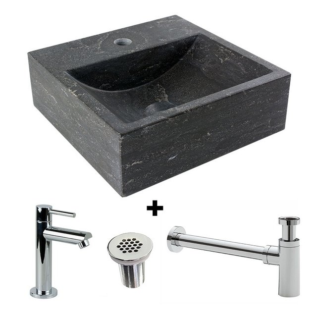 SaniPro Fonteinset Natuursteen Vierkant 30x30x10cm Antraciet incl. chroom fonteinkraan, Sifon en rooster