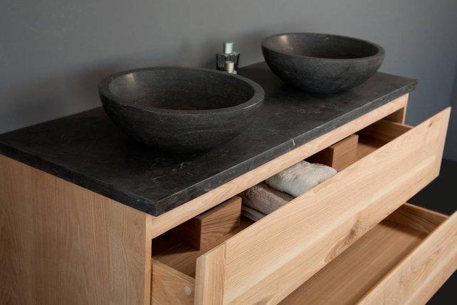 Badkamermeubel Set Wood Eiken 120cm met natuursteen blad en waskommen