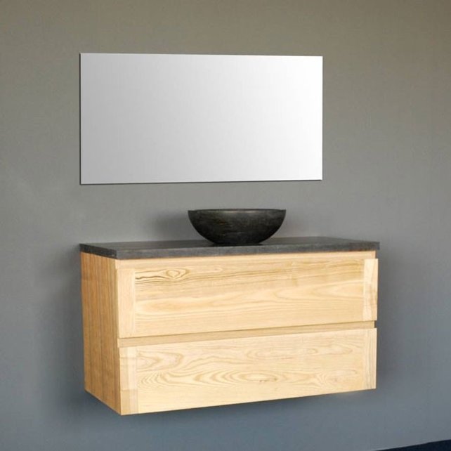 Badkamermeubel Set Wood Eiken 80cm met natuursteen blad en waskom