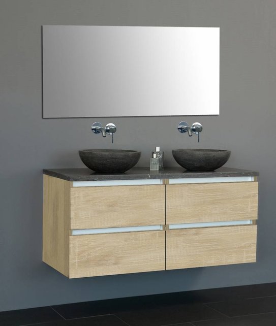 Badkamermeubel Set Trend 120x47x50 cm Century Oak met natuursteen blad en waskommen 4 lades softclose Badkamermeubel Set Trend 120x47x50 cm Century Oak met natuursteen blad en waskommen 4 lades softclose