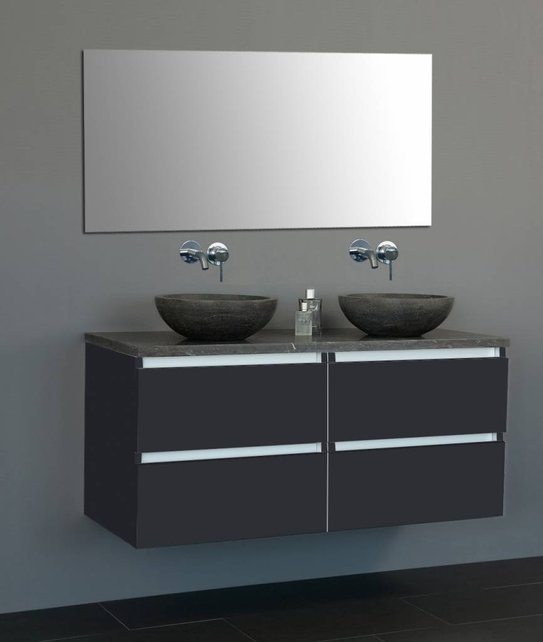 Badkamermeubel Set Trend 120x47x50 cm Hoogglans Antraciet met natuursteen blad en waskommen 4 lades softclose Badkamermeubel Set Trend 120x47x50 cm Hoogglans Antraciet met natuursteen blad en waskommen 4 lades softclose