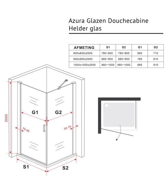 Douchecabine 100x100 Azura Nano Coating Glazen Draaideur 8mm Glas Vierkant