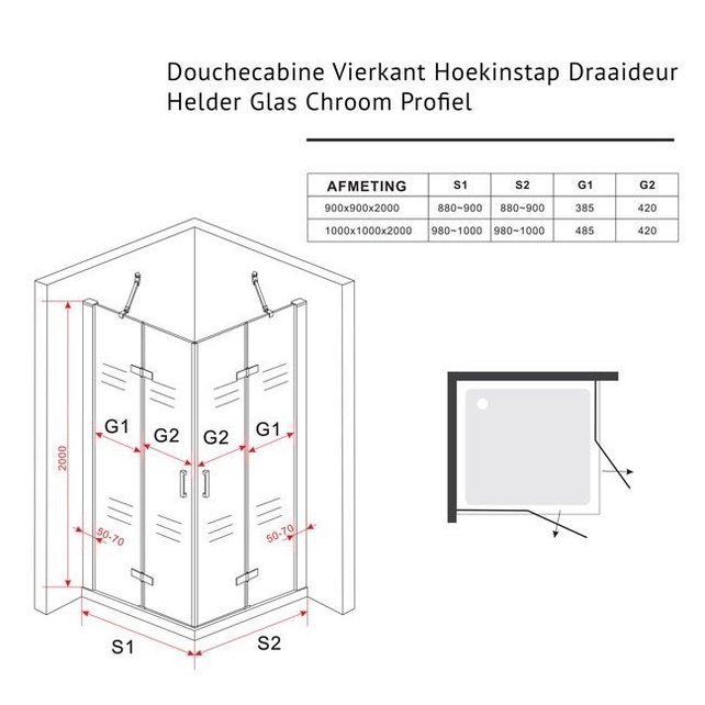 Douchecabine Wies 100x60cm Rechthoek Draaideur Antikalk Helder Glas Chroom Profiel 8mm Veiligheidsglas Easy Clean