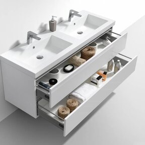 Badkamermeubel 140cm Hoogglans Wit met wastafel dubbel incl. Spiegel click-waste en Bekersifon