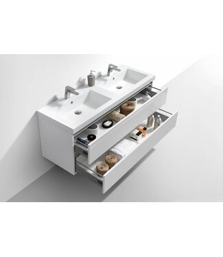 SANI-SUPPLY Badkamermeubel 140cm Hoogglans Wit met wastafel dubbel incl. Spiegel click-waste en Bekersifon