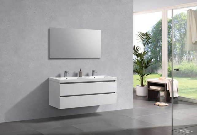 Badkamermeubel 140cm Hoogglans Wit met wastafel dubbel incl. Spiegel click-waste en Bekersifon