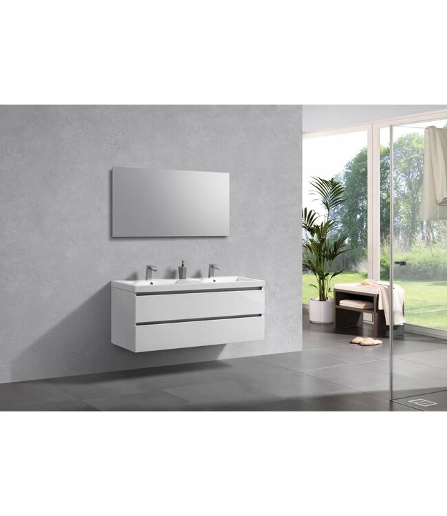 Badkamermeubel 140cm Hoogglans Wit met wastafel dubbel incl. Spiegel click-waste en Bekersifon
