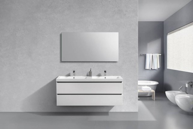 Badkamermeubel 140cm Hoogglans Wit met wastafel dubbel incl. Spiegel click-waste en Bekersifon