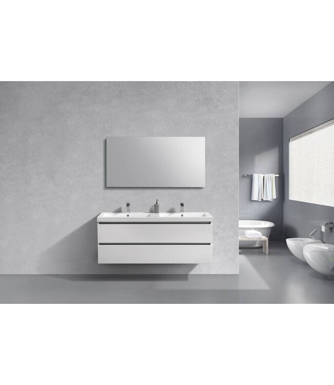 SANI-SUPPLY Badkamermeubel 140cm Hoogglans Wit met wastafel dubbel incl. Spiegel click-waste en Bekersifon