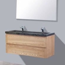 Badkamermeubelset Wood Stone 120x47x50cm natuurstenen wastafelblad kraangaten optioneel (0-2) incl. Spiegel 120cm