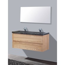Badkamermeubelset Wood Stone 120x47x50cm natuurstenen wastafelblad kraangaten optioneel (0-2) incl. Spiegel 120cm