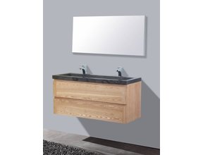 Badkamermeubelset Wood Stone 120x47x50cm natuurstenen wastafelblad kraangaten optioneel (0-2) incl. Spiegel 120cm